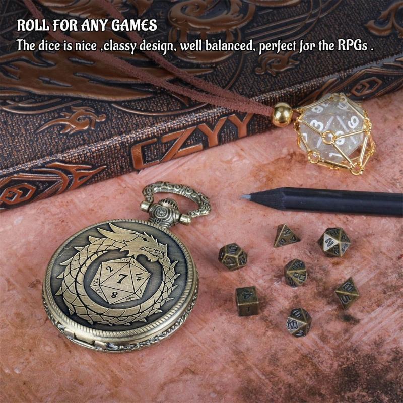 Многогранные микро кубики Винтажные карманные часы с микро многогранным набором Сплавной материал для настольных ролевых и карточных игр