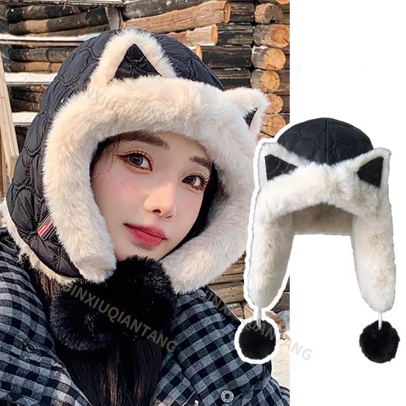 Women's Winter Plush Fox Ear Hat – Thick, Lined, Warm, Versatile, and Protective Lei Feng Style