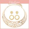Fashion Solid Color Hollow Design Women Metal Necklace Collar Round Earring Set