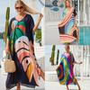 Plus Size Boho Cover Up, Women's Plus Painting Print Bat Sleeve V Neck Split Hem Maxi Cover Up Dress