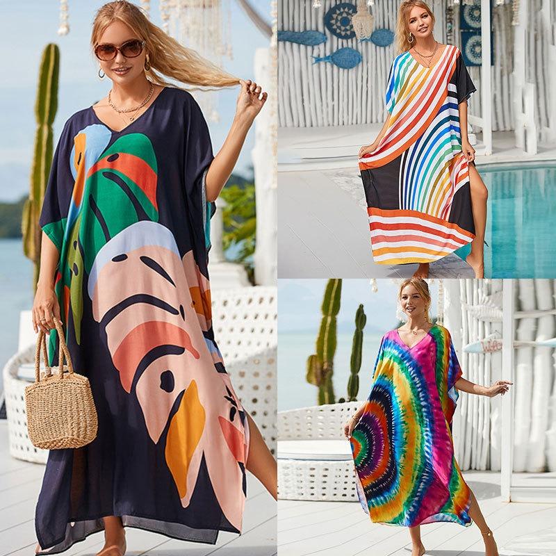 Plus Size Boho Cover Up, Women's Plus Painting Print Bat Sleeve V Neck Split Hem Maxi Cover Up Dress