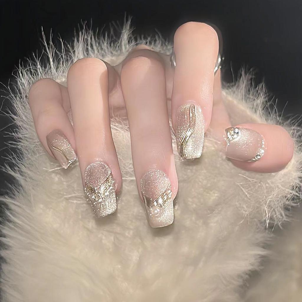 Handmade Full Cover Finished Press on Nails High End French Crystal Cat Eye Nail Stickers Reusable Detachable