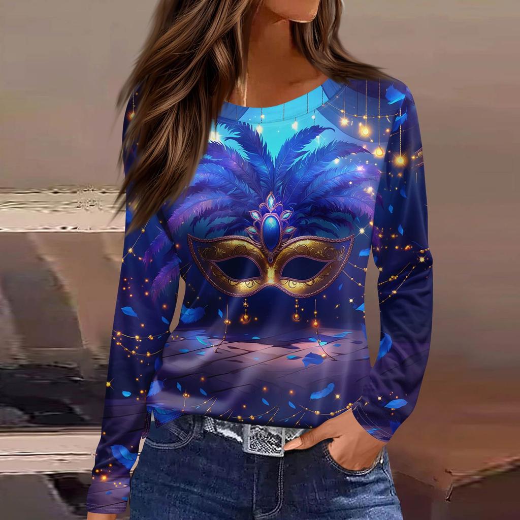 Women's Fashionable Casual  Neck Long Sleeve Hem Split Carnival Print T-Shirt Top