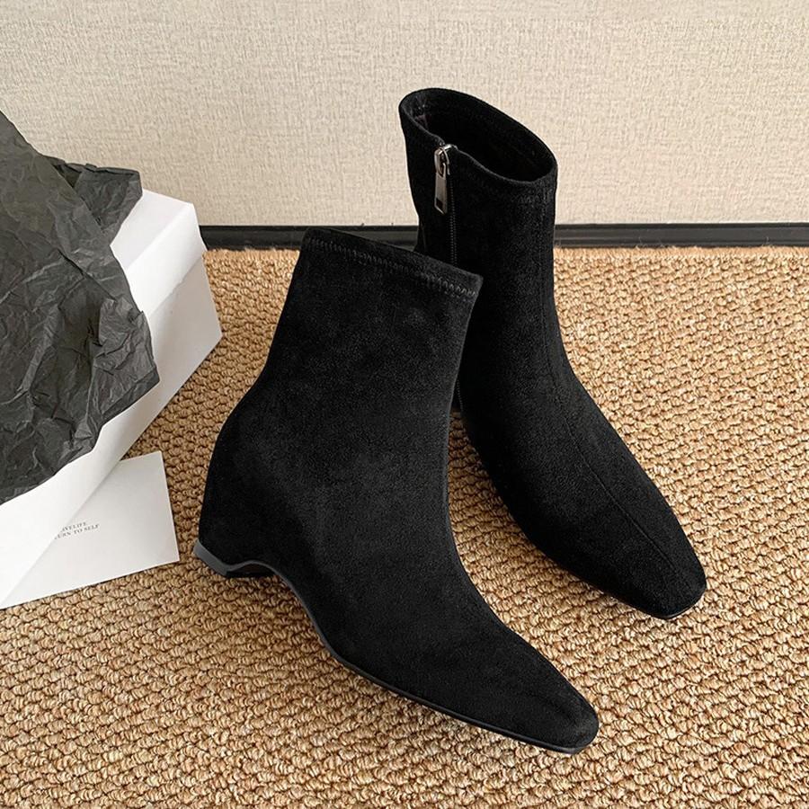 Версия из мягкой кожи~ ретро минималистичные тонкие ботильоны женственность квадратный носок внутренняя платформа короткие ботильоны боковая молния тонкие эластичные ботильоны