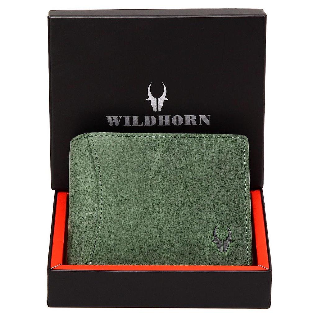 WildHorn Green Leather Wallet for Men I 9 Card Slots I 2 Currency & Secret Compartments I 1 Zipper & 3 ID Card Slots