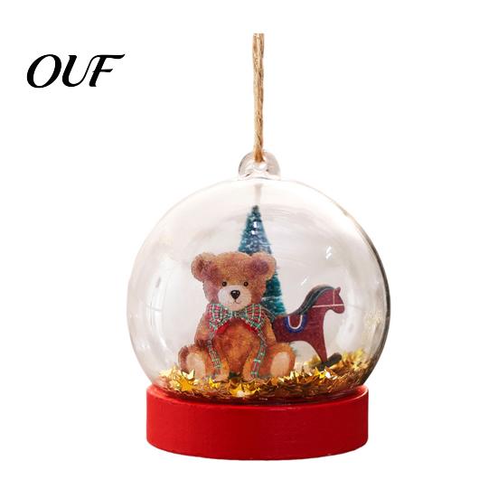 Christmas Tree Ornaments Crystal Ball Style Bear/Nutcracker Hanging Ornament, Transparent Spherical Gold Foil Embellishments Pendant with Miniature