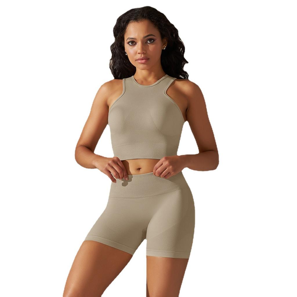 Новый бесшовный комплект шорт с высокой талией и эффектом лифтинга бедер, амортизирующий, влагоотводящий, комплект из двух предметов для фитнеса, йоги для женщин