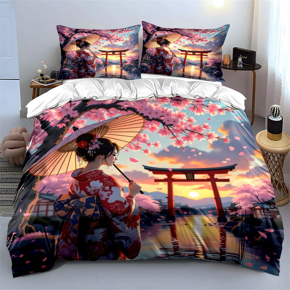 Cherry Blossom Geisha Design Bedding Duvet Cover Set (1*Duvet Cover 2*Pillowcases, without duvet insert)