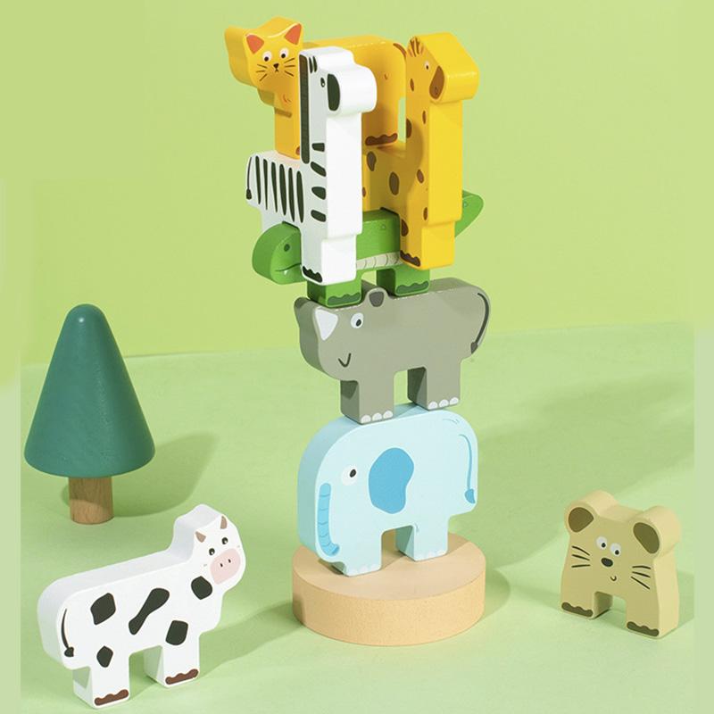 Wooden Animal Stacking Block Game Shape Matching Puzzle Balance Toy Montessori Fine Motor Training Educational Toys For Children