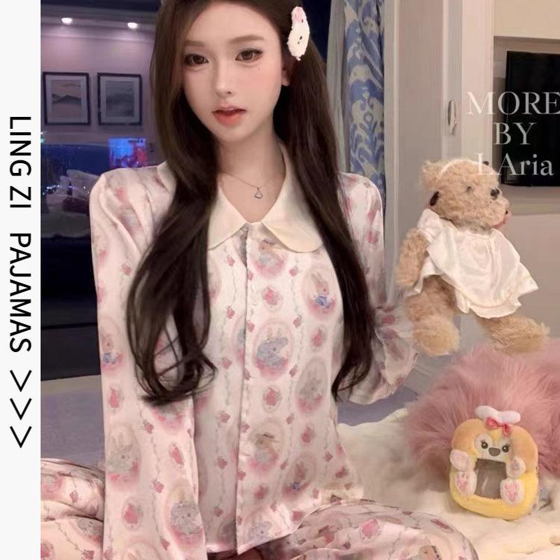 Pajamas women's spring and summer new ice silk long-sleeved cartoon rabbit suit can be worn outside light luxury high-end cardigan loungewear