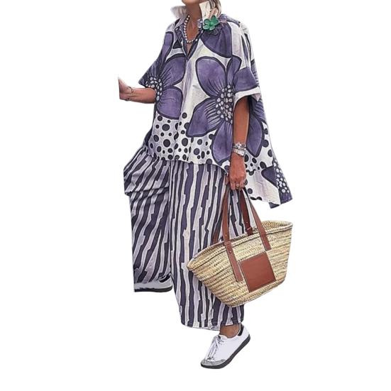 Women's Floral Print Loose Two-Piece Set Lapel Short Sleeve Top Wide Leg Pants Set Summer Casual Boho Streetwear
