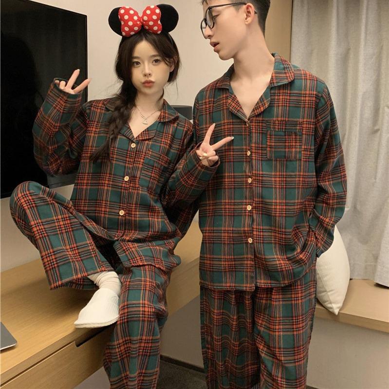 2024 Autumn Loose-Fit Couple Pajama Set - Long Sleeve Christmas Plaid Flannel Homewear