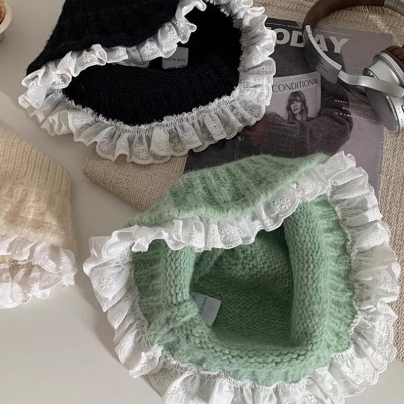 Lace Knitted Bucket Hat Women'S Autumn And Winter Street Sweet Versatile Outdoors Warm Casual Big Head Bob Cap