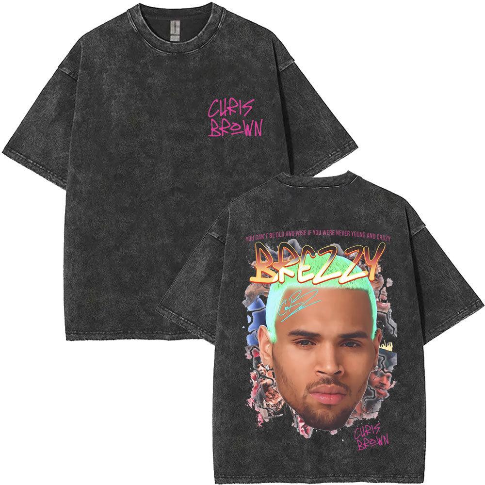 Washed Chris Brown Breezy Bowl Xx Tour T-Shirts Men Hip