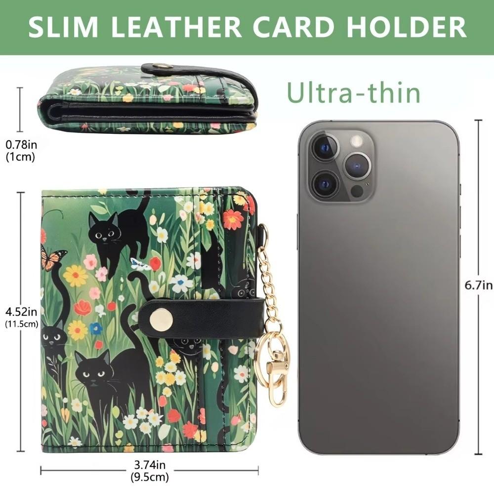 Cute RFID Card Holder PU Leather Ultra-Thin Coin Bag Compact Black Cat Floral Women Wallet Daily Use