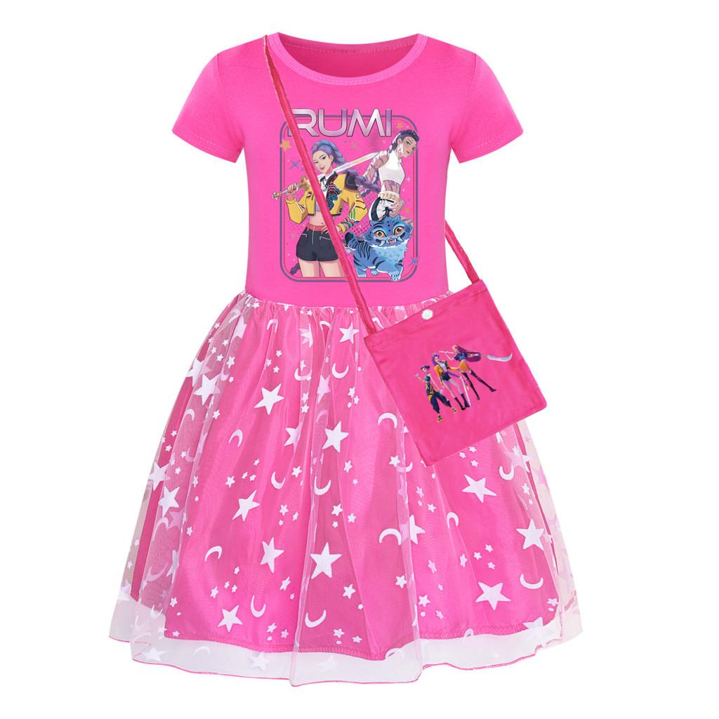 Kpop Demon Hunters Pattern Girl Dress With Cotton Fabric And Pleated Skirt For Kids Girls
