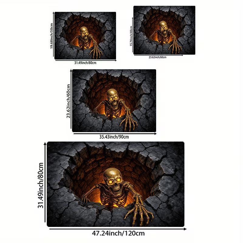 3D Optical Illusion Gold Skull Halloween Doormat Non-Slip Entry Rug Front Door Spooky Home Decor