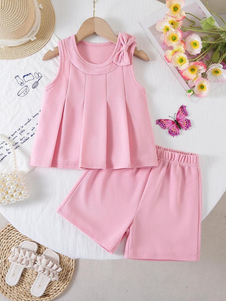 Girls' Two-Piece Outfit: Stylish & Cute Spring/Summer Set featuring a Pink Crew-Neck Tank Top with 3D Pleated Bow Accent, Paired with Loose-Fit Shorts