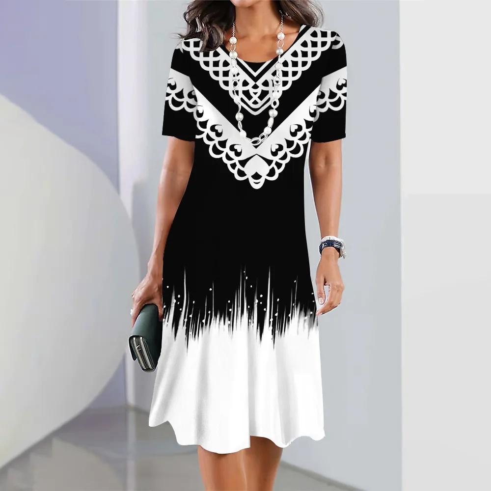 Женские платья 3D Color Blocking Printing Dress Элегантные топы с короткими рукавами Одежда Ретро-юбка А-силуэта Вечерняя красочная одежда