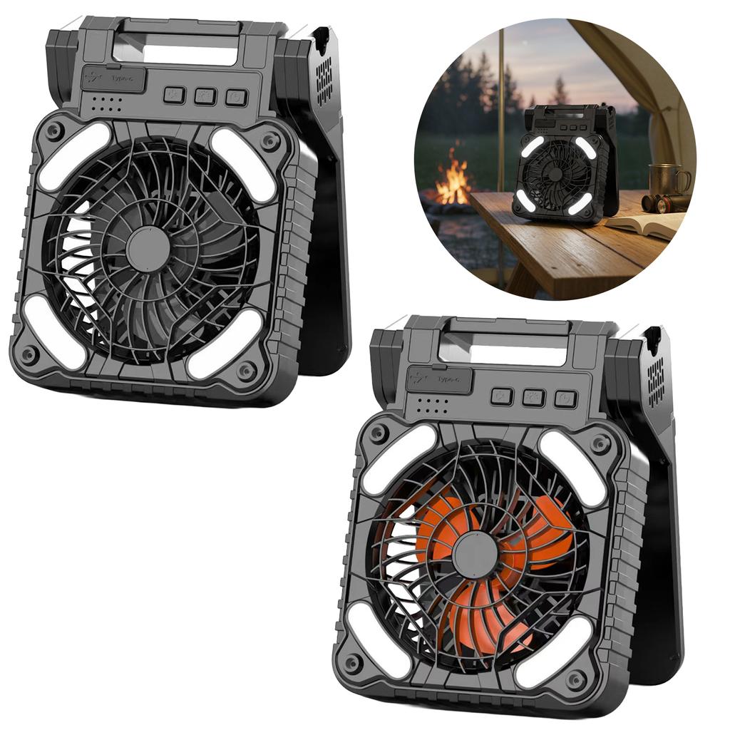 Solar Powered Fan with LED Light 5200mAh Battery Portable Polysilicon Panel Fan for Outdoor Camping Emergency Use