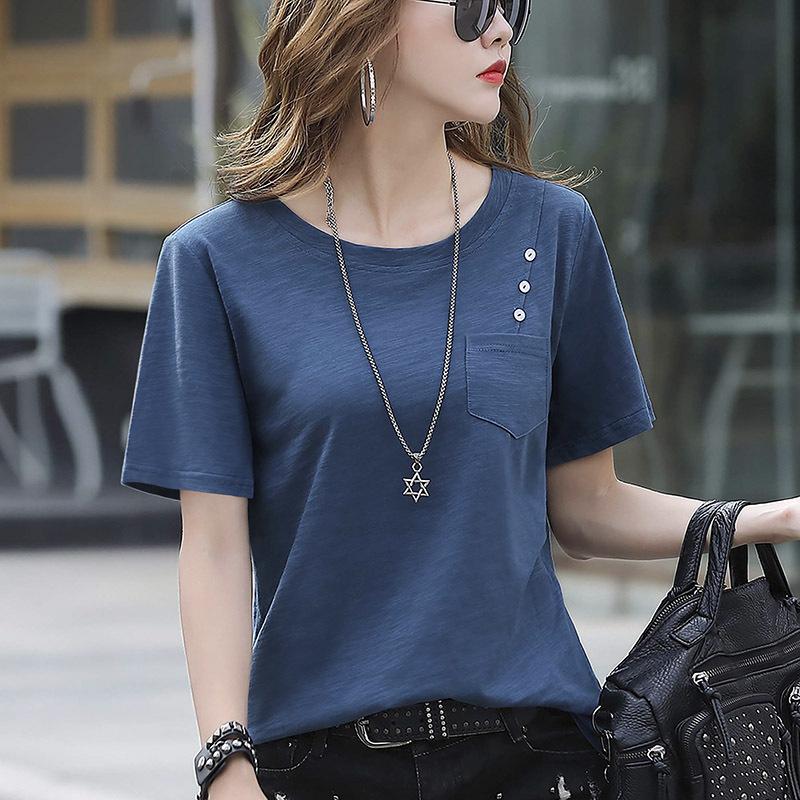 Летние женские футболки, свободные футболки с короткими рукавами, белая женская футболка с одним карманом, женская одежда, однотонные блузы