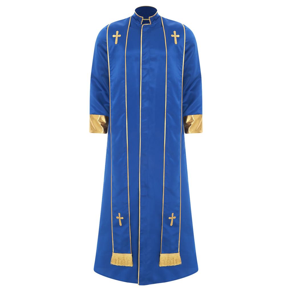 Мужской костюм священника мантия стойка воротник длинный рукав молния спереди золотой крест ряса облачения католический Хэллоуин косплей