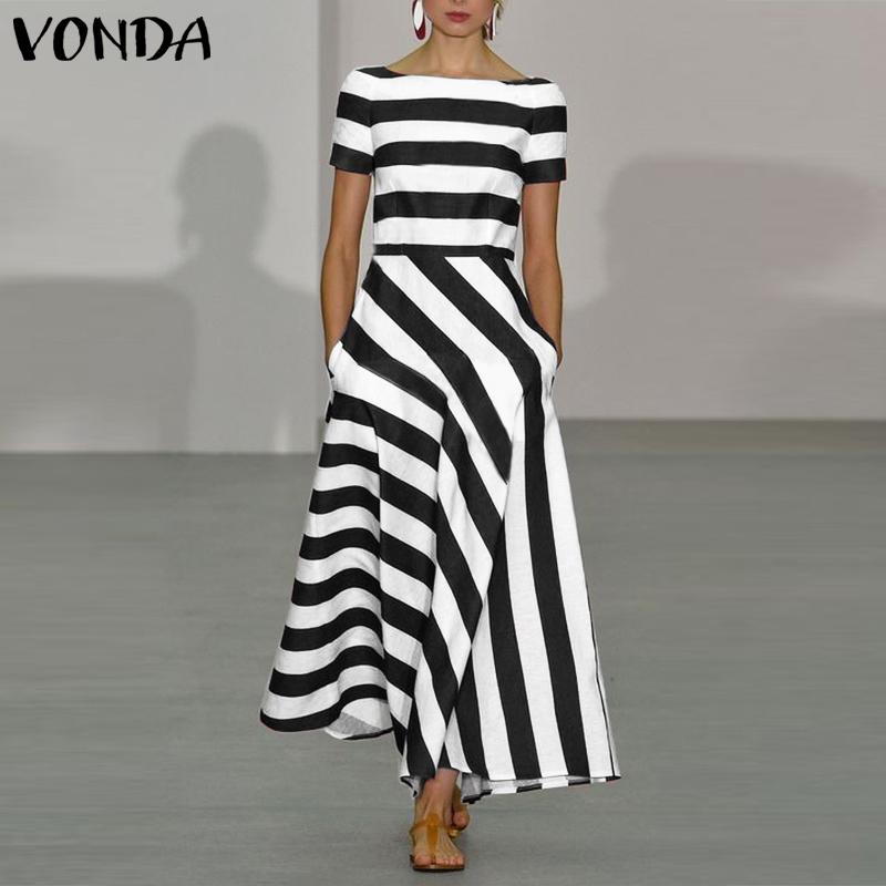 VONDA Женское летнее платье реглан с коротким рукавом и карманом, асимметричное, в полоску, длинное