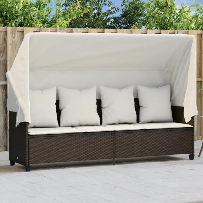 VidaXL Chaise Longue avec Auvent et Coussins, Siège avec Dossier, Transat avec Housse Jardin Terrasse Patio, Moderne, Marron 368354