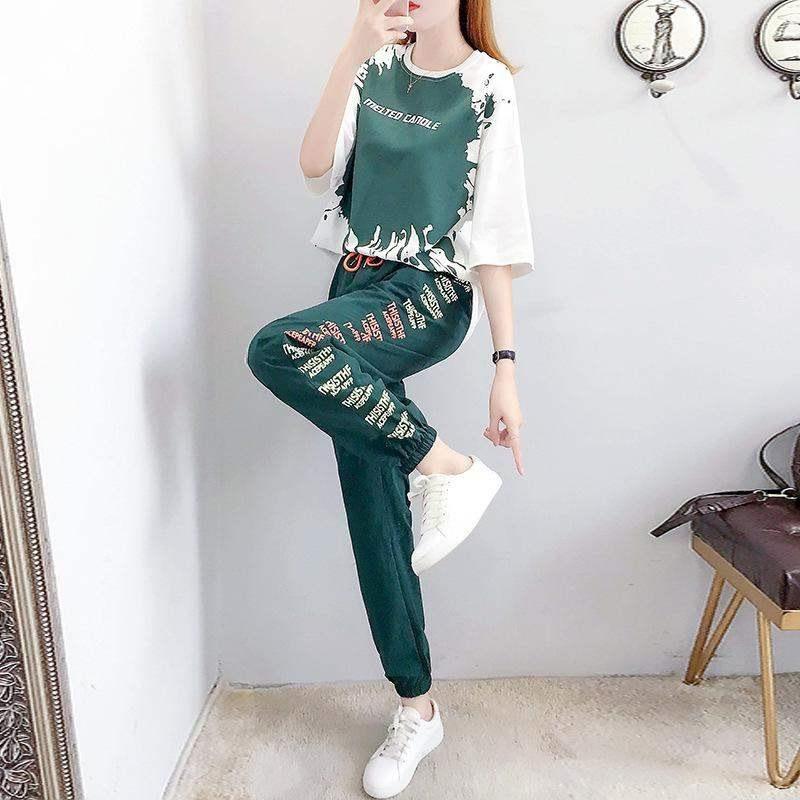 Спортивные женские модные свободные брюки, летний студенческий костюм из двух предметов с короткими рукавами, мягкий удобный костюм для отдыха