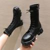 Spring Autumn Black Round Toe Platform Women'S Half High Boots Trend Demi-Season New Rock Lace-Up Ladies Mid Calf Shoes