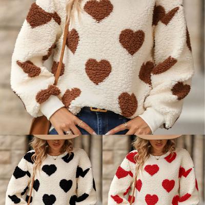 Женский флисовый свитшот с принтом сердечек, оверсайз, с длинным рукавом, пуловер, уютная одежда для дома