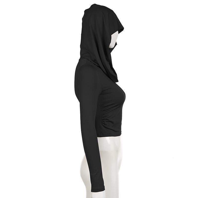 Футболка с капюшоном, женская, облегающая, с длинными рукавами, короткий топ