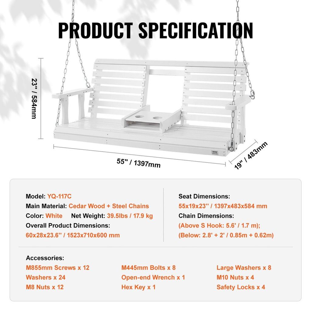 60” Porch Swing Bench Wooden Hanging Outdoor Garden Patio Courtyard White