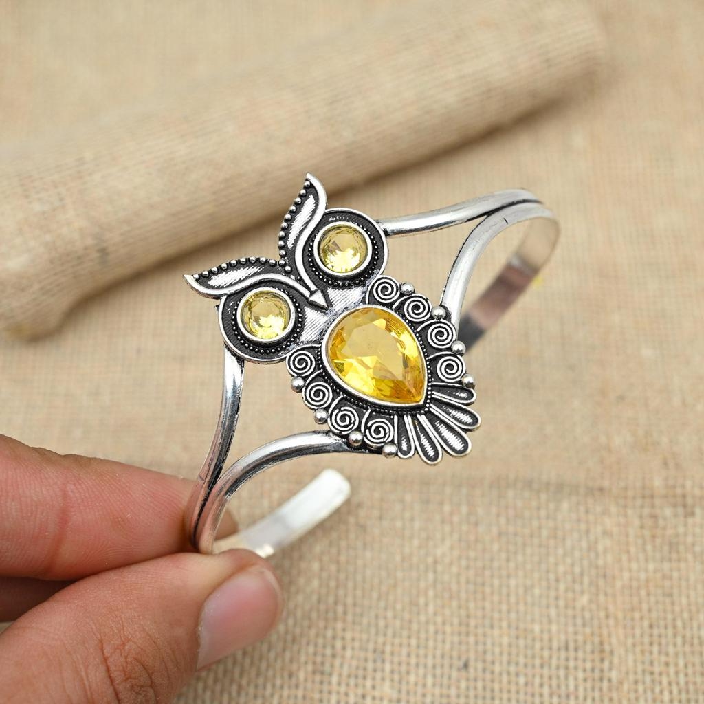Citrine Gorgeous Gemstone Cuff 925 Solid Sterling Silver Handmade Owl Design Adjustable Jewelry