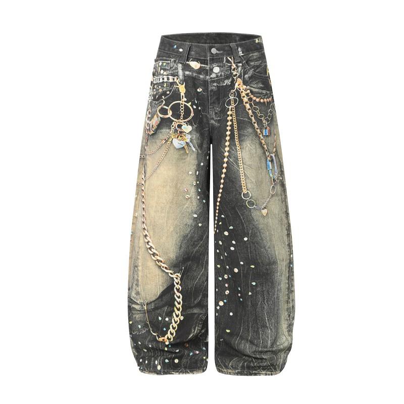 Unisex Streetwear Loose Fit Distressed Washed Denim Jeans With 3D Graphic Print Casual Wide Leg Trousers