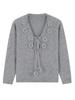 Women's Autumn Winter Bow Tie Lace V-Neck Sweater with 3D Floral Knit Design.