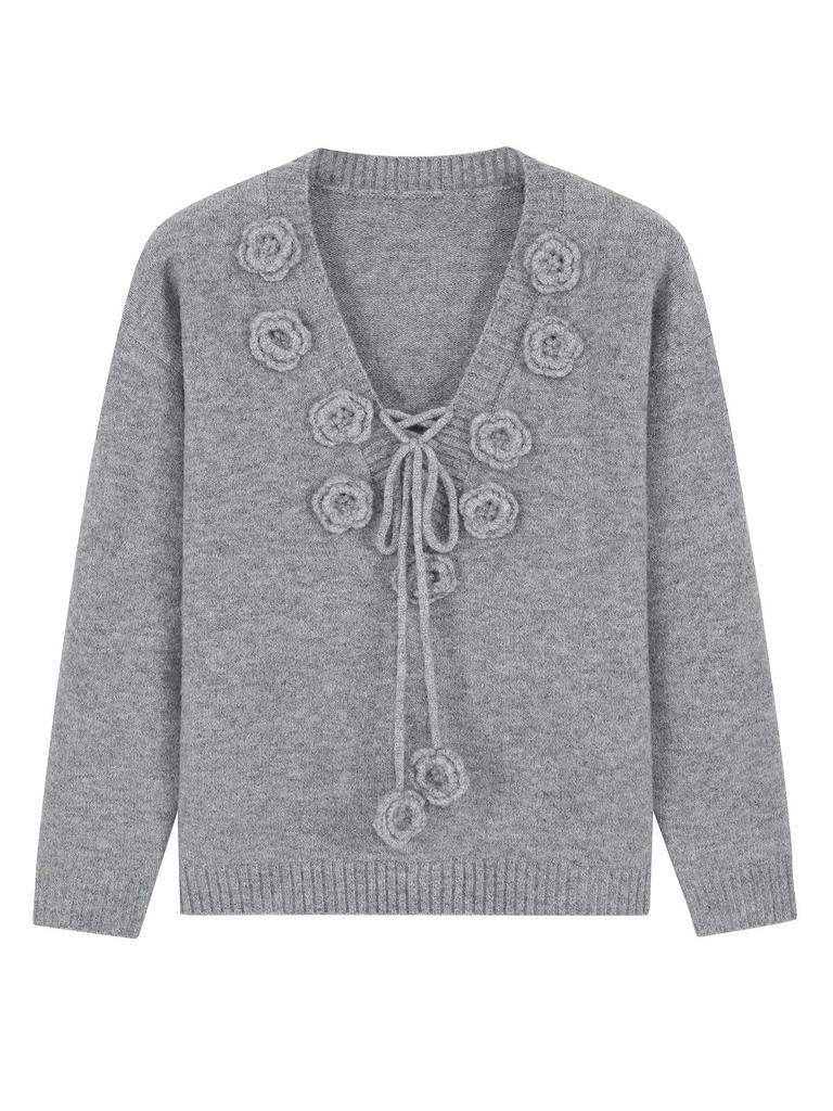 Women's Autumn Winter Bow Tie Lace V-Neck Sweater with 3D Floral Knit Design.