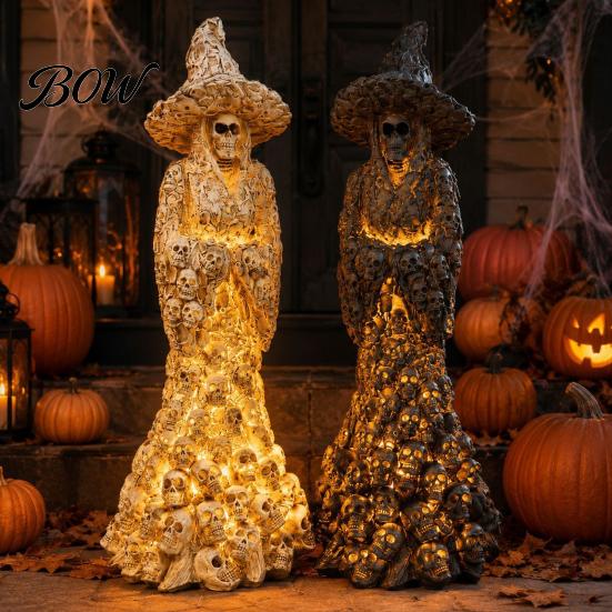 Outdoor Haunted House Prop Skeleton Witch Resin Figurine, Halloween Gothic Skull Statue, Spooky Dark Atmosphere Party Decor Fantasy Ornament for