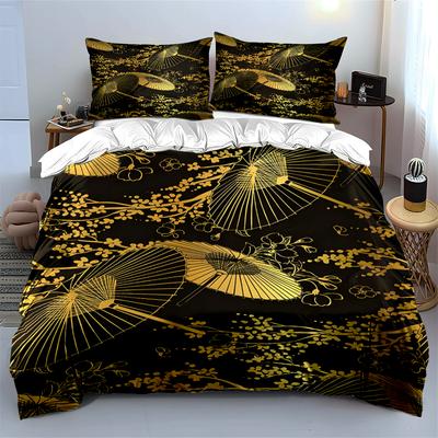 Golden Umbrella and Floral Black Bedding Set Bedding Set (1 Duvet Cover, 2 Pillowcases, Duvet Not Included)