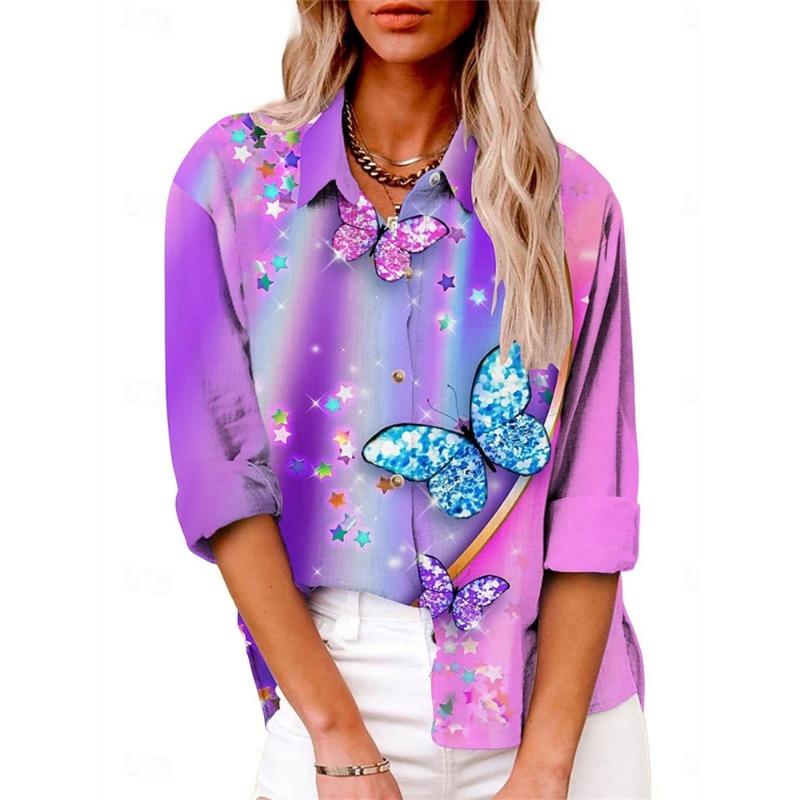 2026 Elegant Women's Shirt Fashionable Long-Sleeve Women's Shirt 3D Exquisite Butterfly Print Spring/Fall Season Shirt