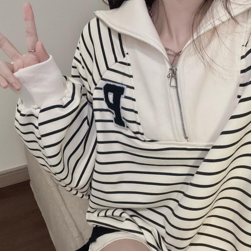 Осенний новый корейский стиль, полосатый пуловер с вышивкой и половиной молнии, толстовка с капюшоном поло, женский топ с длинными рукавами, Ins