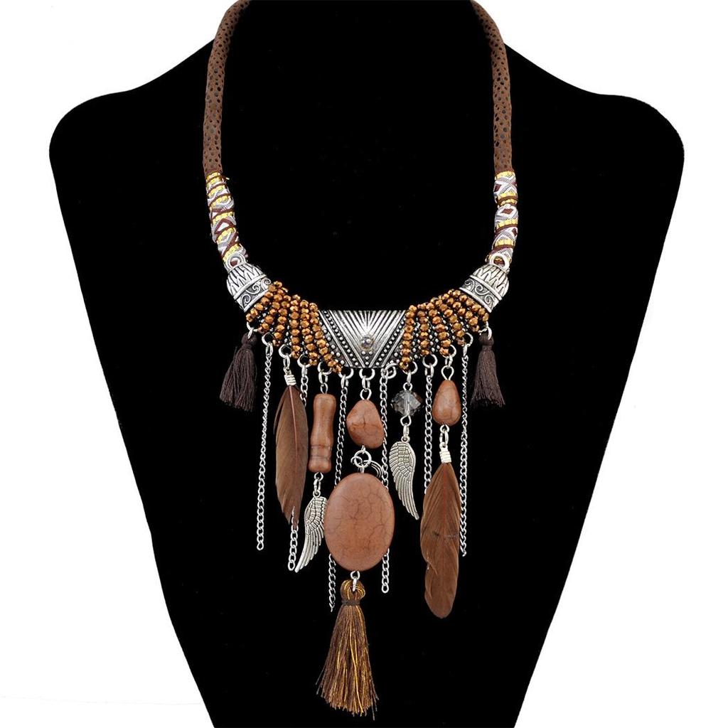 Ethnic Vintage Boho Tassel Necklaces for Women Feather Beads Necklace Bohemian Party Jewelry Gift AVE