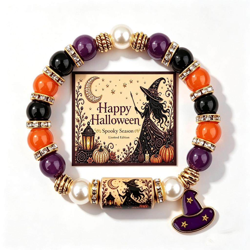 Halloween-themed bracelet with cute ghost magic hat pendant and string beads handcrafted bracelet