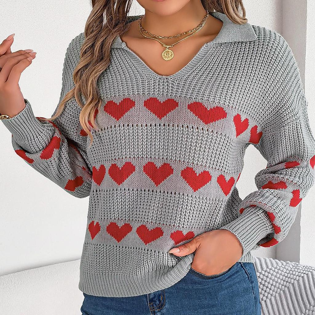 Autumn Winter Vintage Loose Long Sleeve Top Heart Print Cardigan Knitwear V-Neck Sweater