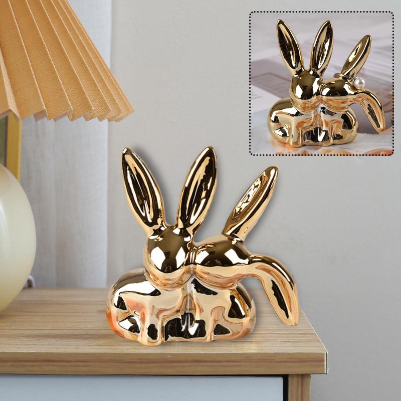 1PC Ceramic Ornament Home Decor Ceramic Landscape Accessories Rabbit Gold Double Eared Rabbit Valentine'S Day Multicolour