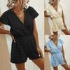 Fashion Women's Casual Loose V-Neck Solid Color Pocket Short Sleeve Jumpsuit