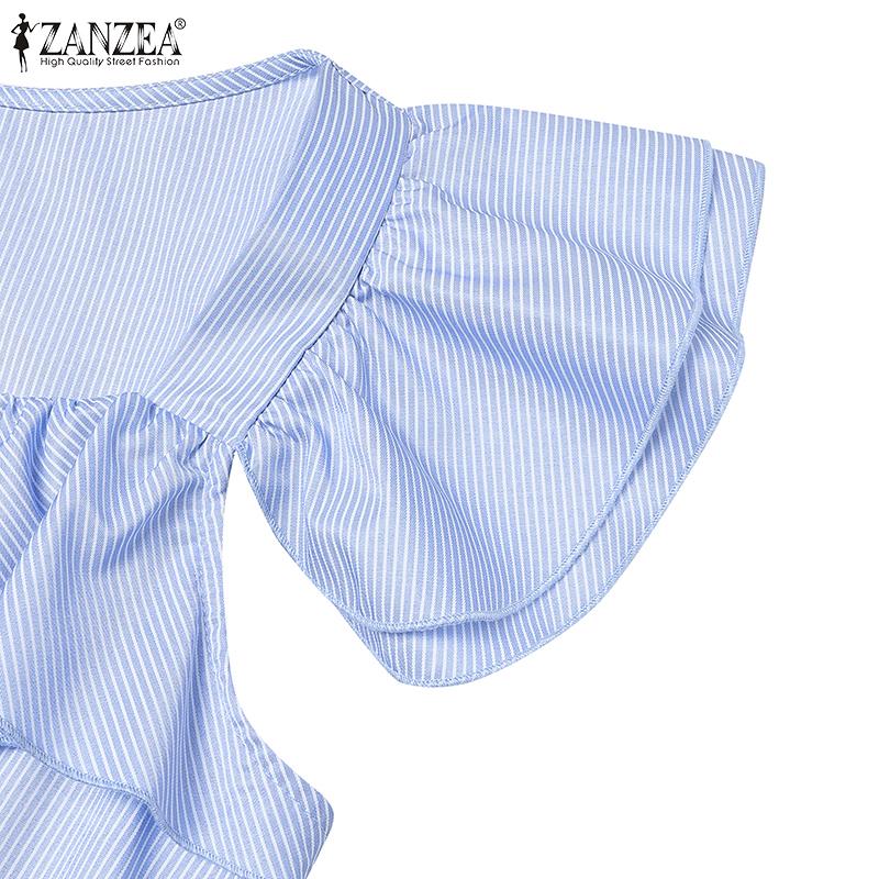 ZANZEA Summer Women Flare Sleeve Buttons Striped Casual Holiday Pleated Dress