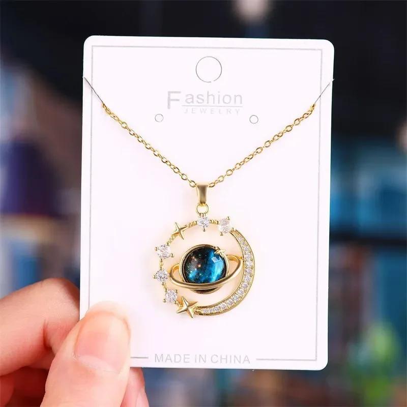 Fashion Luxury Inlaid Zircon Planet Moon Pendant Necklace for Women Girl Butterfly Water Drop Clavicle Chain Charm Jewelry