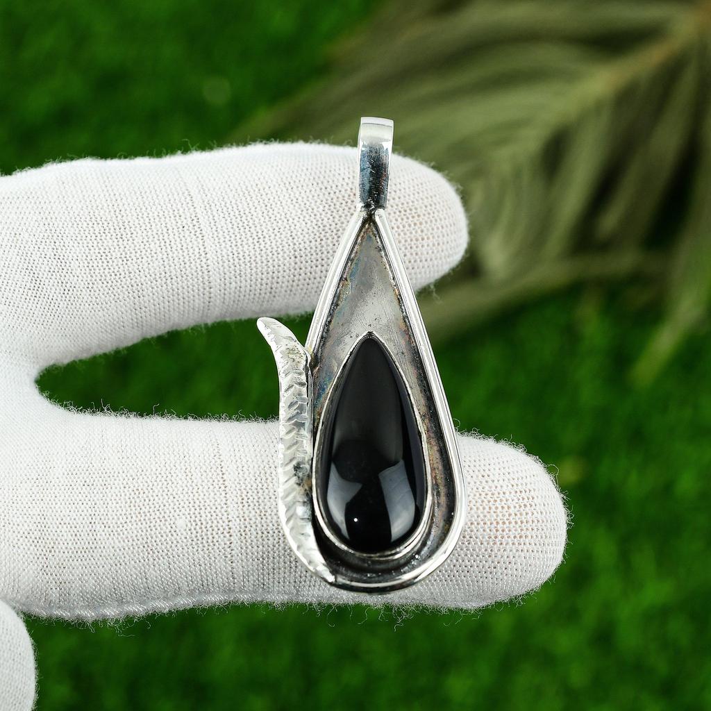 Root Chakra Pear Black Onyx Stone 925 Silver Engagement Bezel Mother New Pendant