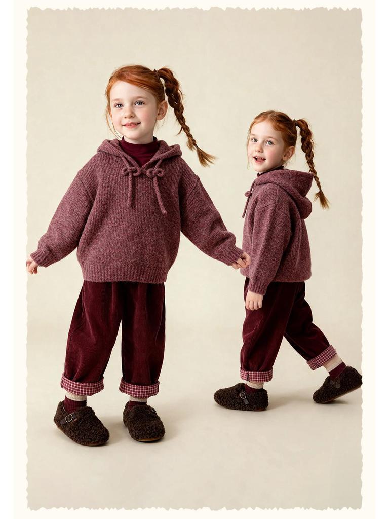 Зимний однотонный худи для девочек 2025 года - Вязаный кардиган из смесовой хлопково-шерстяной пряжи